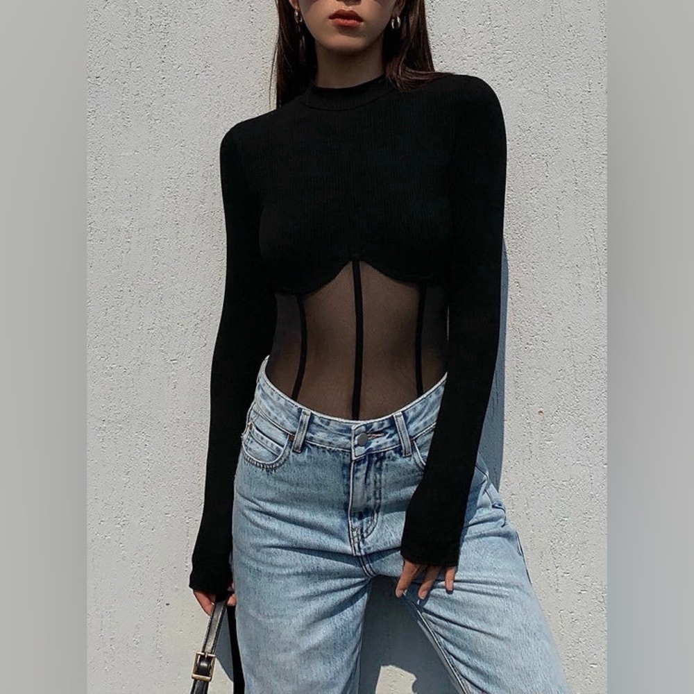 Commense Black Sheer Long Sleeve Top